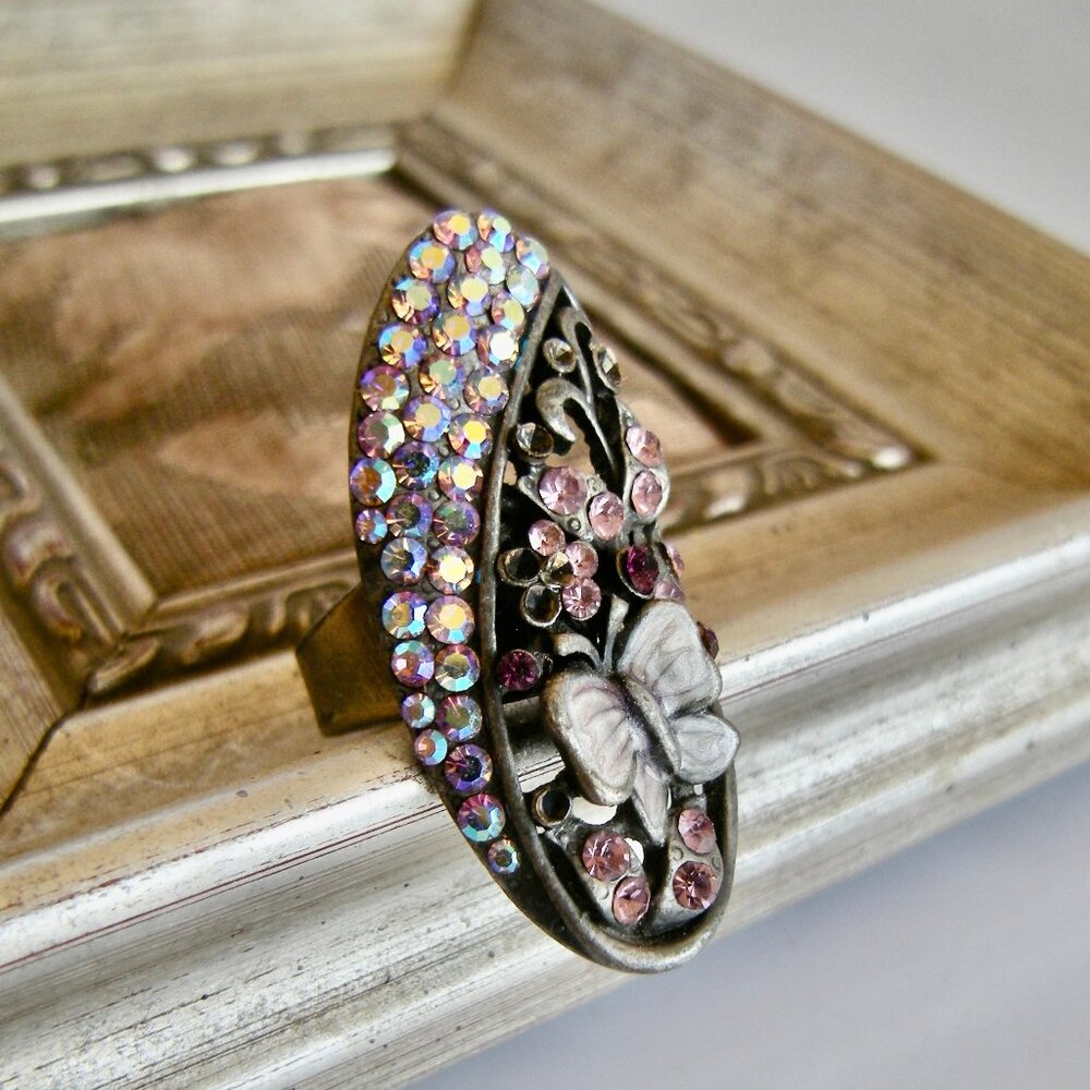 Adjustable Pink Rhinestone Butterfly Ring Vintage Inspired